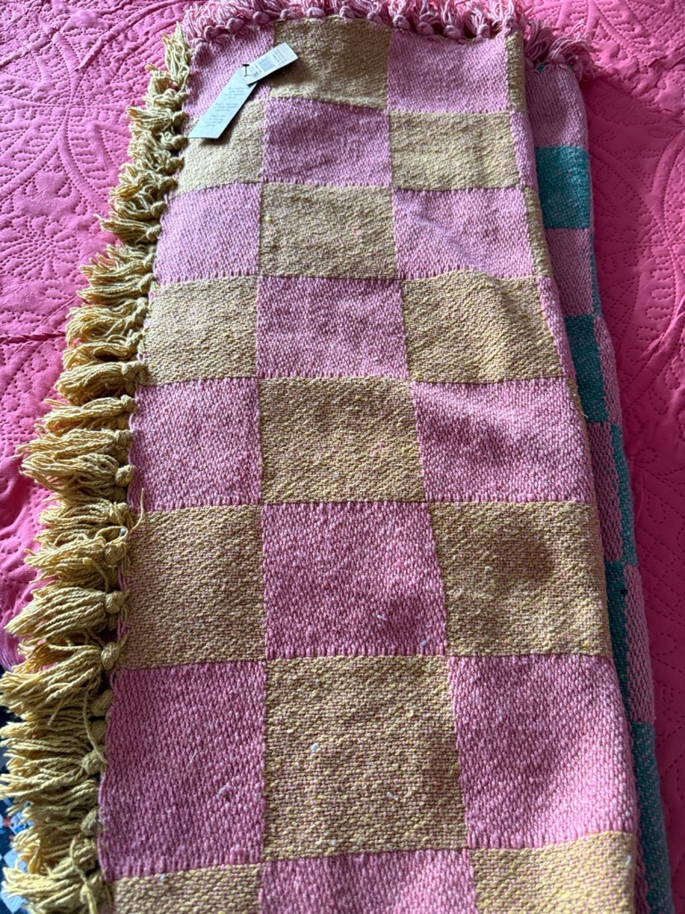 New with Tags Checkered Pink and Mustard Fringe Throw Blanket Large